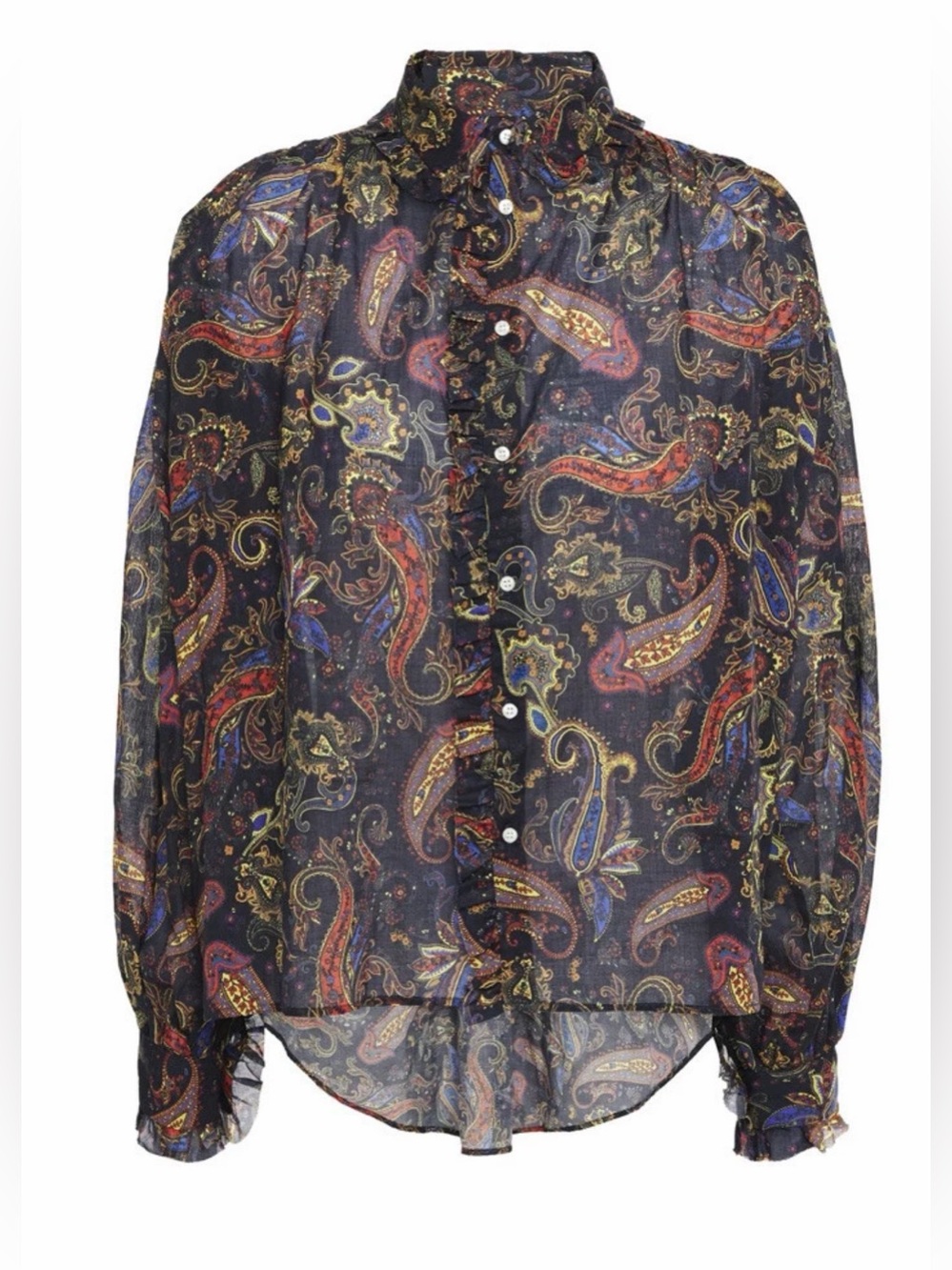 Maje Paisley-print Ruffled Cotton Shirt In Navy- Size 0 - Picture 5 of 14